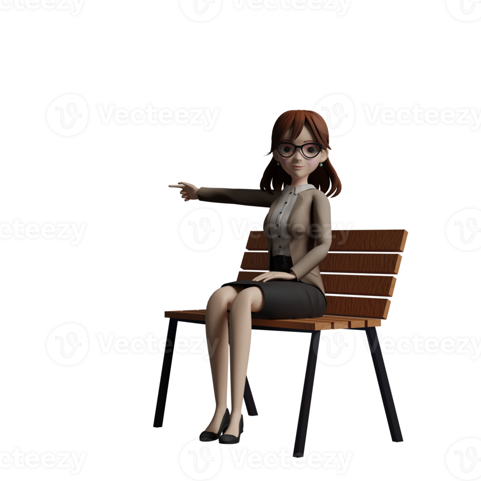 3D femaleTeacher Character. A female teacher sits while her right hand points to the side and her left hand is on her left thigh. Educational Professional png