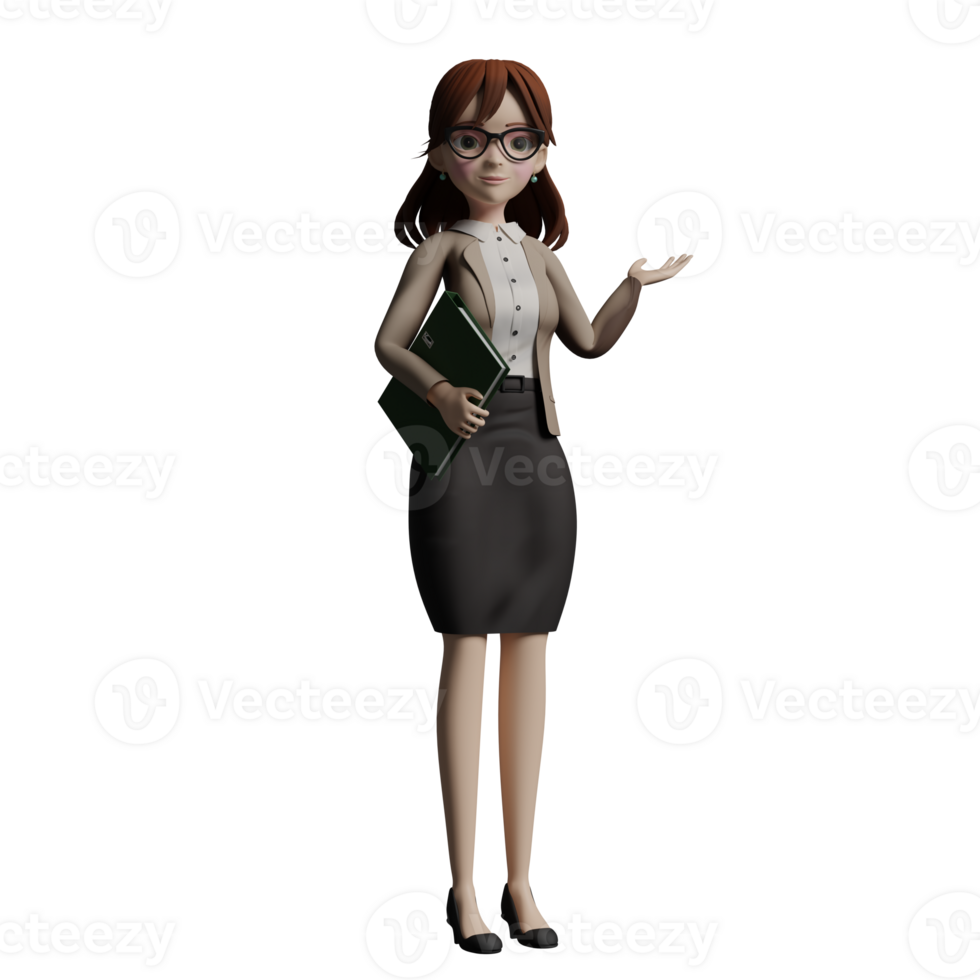 3D Cartoon of female Teacher. A female teacher stands while holding a green book in one hand and gesturing with the other hand, as if explaining something. Professional png
