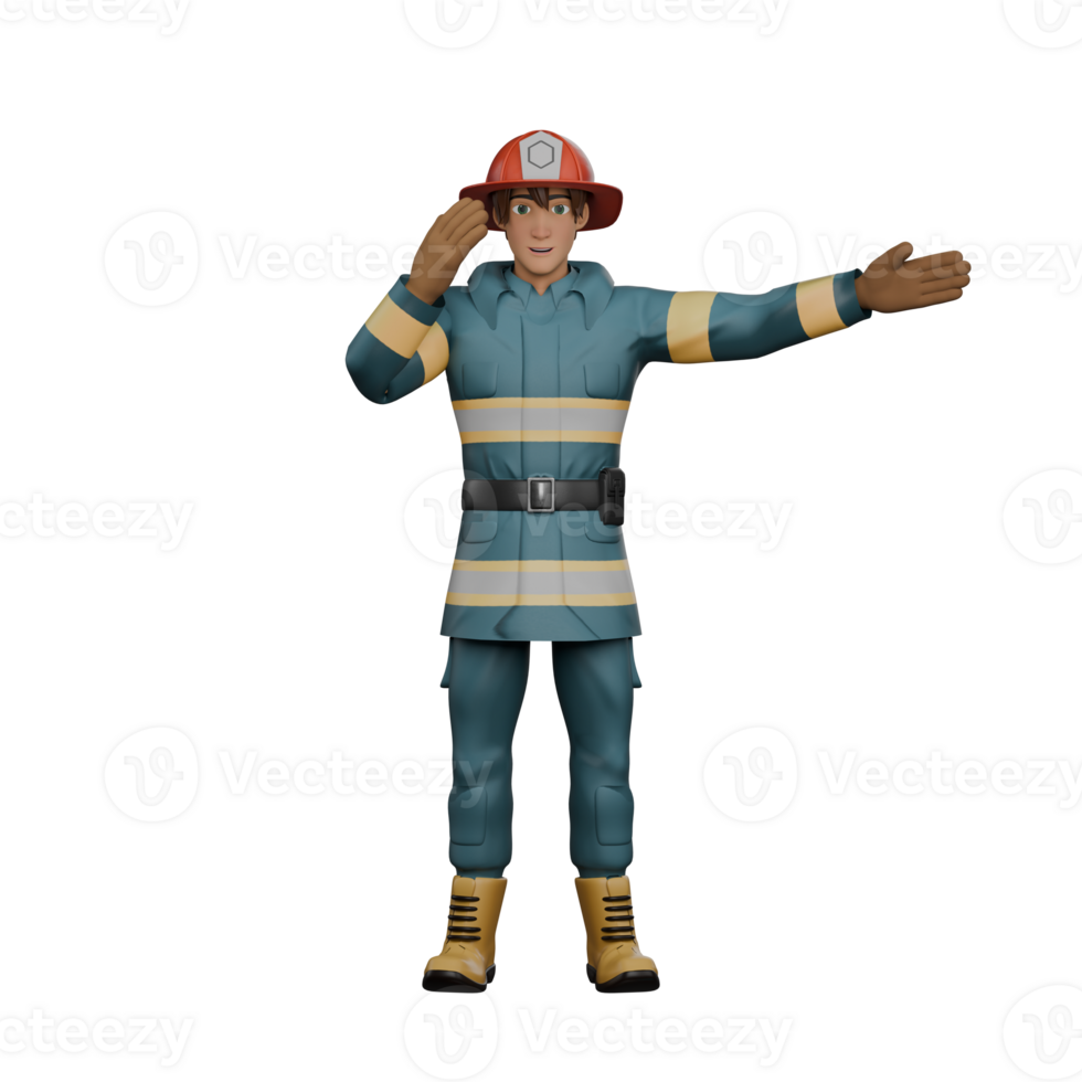 3D Male Firefighter in Firefighting Profession. A firefighter stands with a salute. Illustrated png