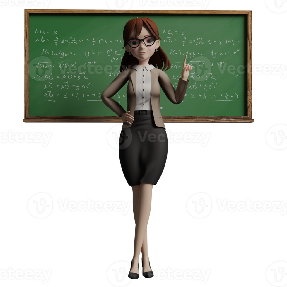 Professional female . A female teacher stands in front of a green blackboard, with her right hand on her waist while her left hand points upwards, as if she is teaching or giving an explanation png