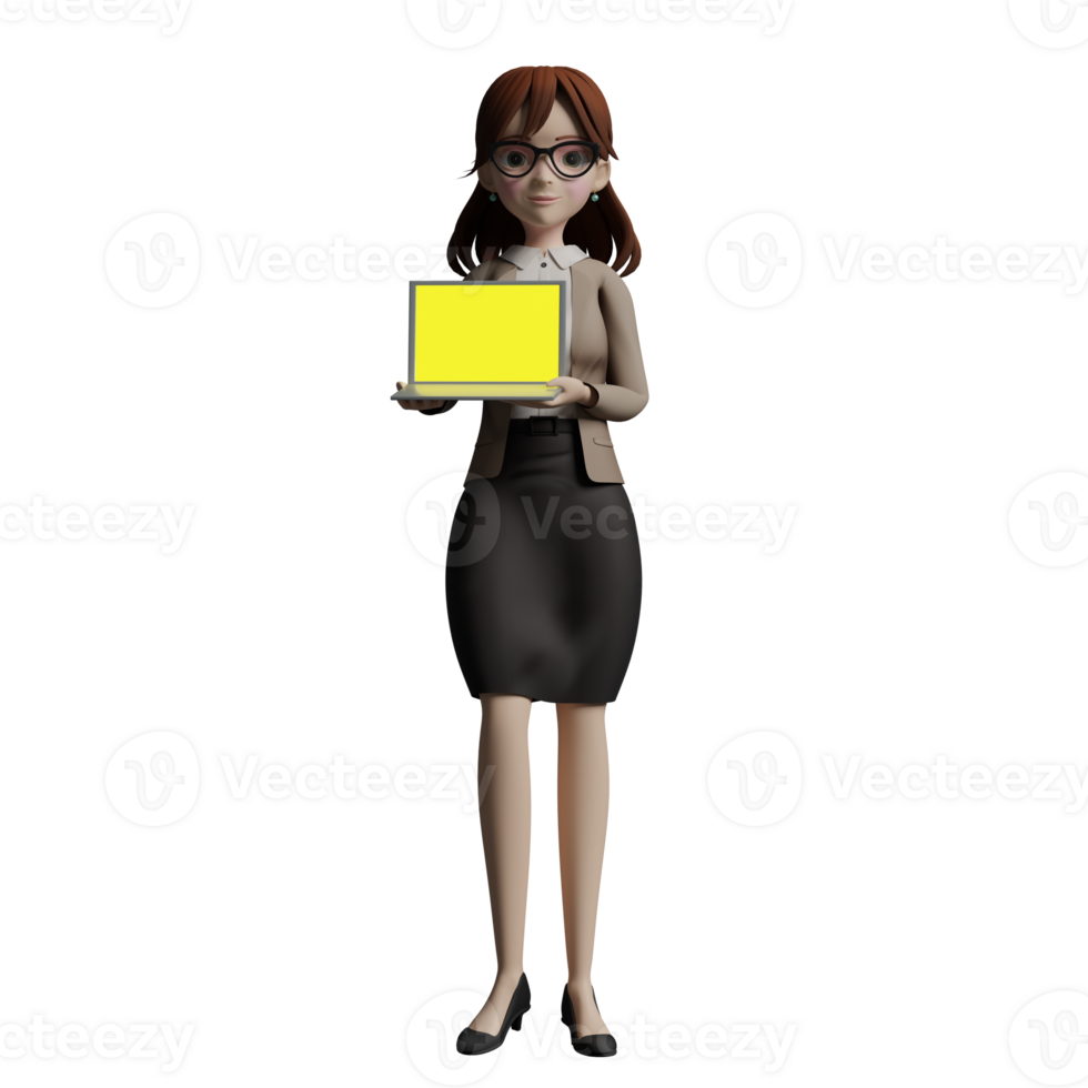 3D femaleTeacher in Library. A female teacher stands with both hands holding a laptop in front of her chest, as if showing something on her laptop screen. Educational png