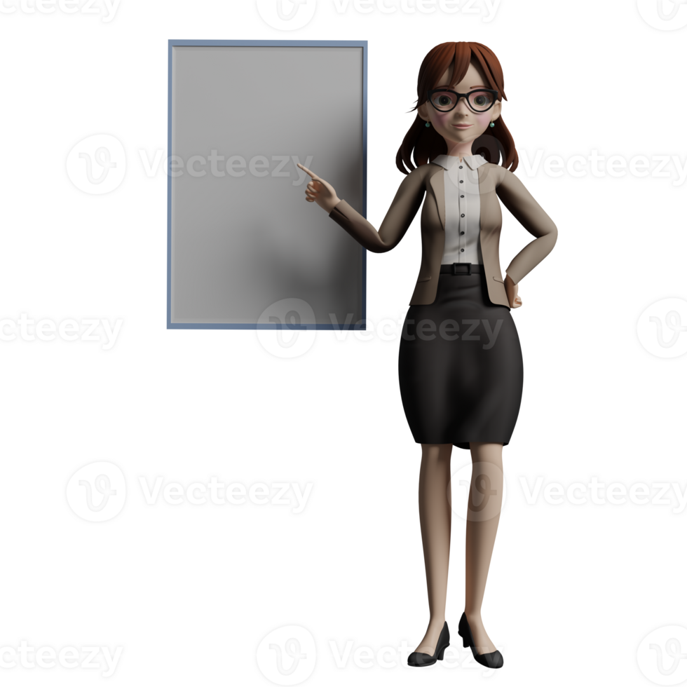 Professional 3D Educational. A female teacher stands next to an empty whiteboard with her left hand on her waist while her right hand points at the whiteboard with her index finger png