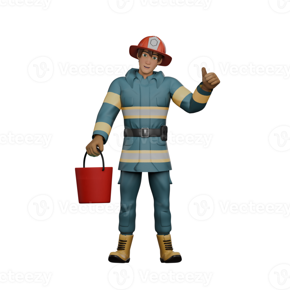 Professional Male Firefighter Character. A firefighter is standing, and his left hand is holding a bucket and his right hand is pointing his thumb up. 3D Firefighter png