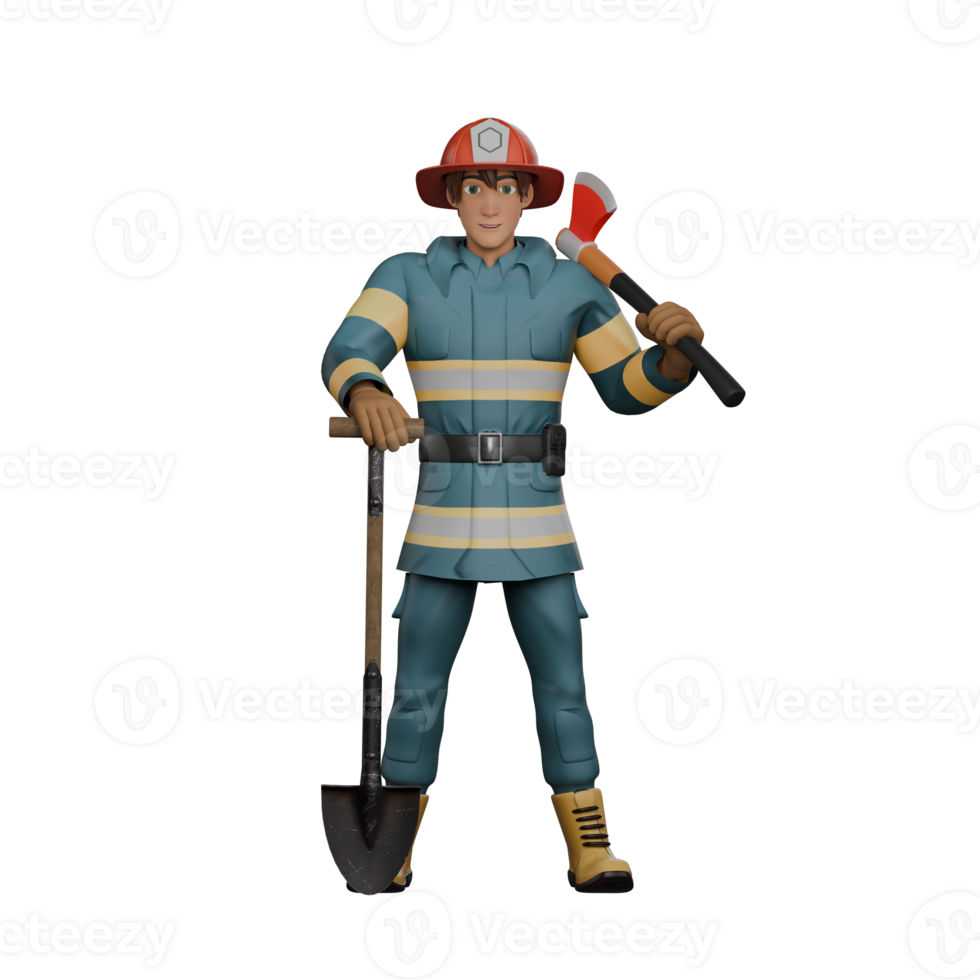 of Male Firefighting Professional. A firefighter stands holding an ax over his shoulder while his other hand holds a shovel in front of him. 3D Firefighter png