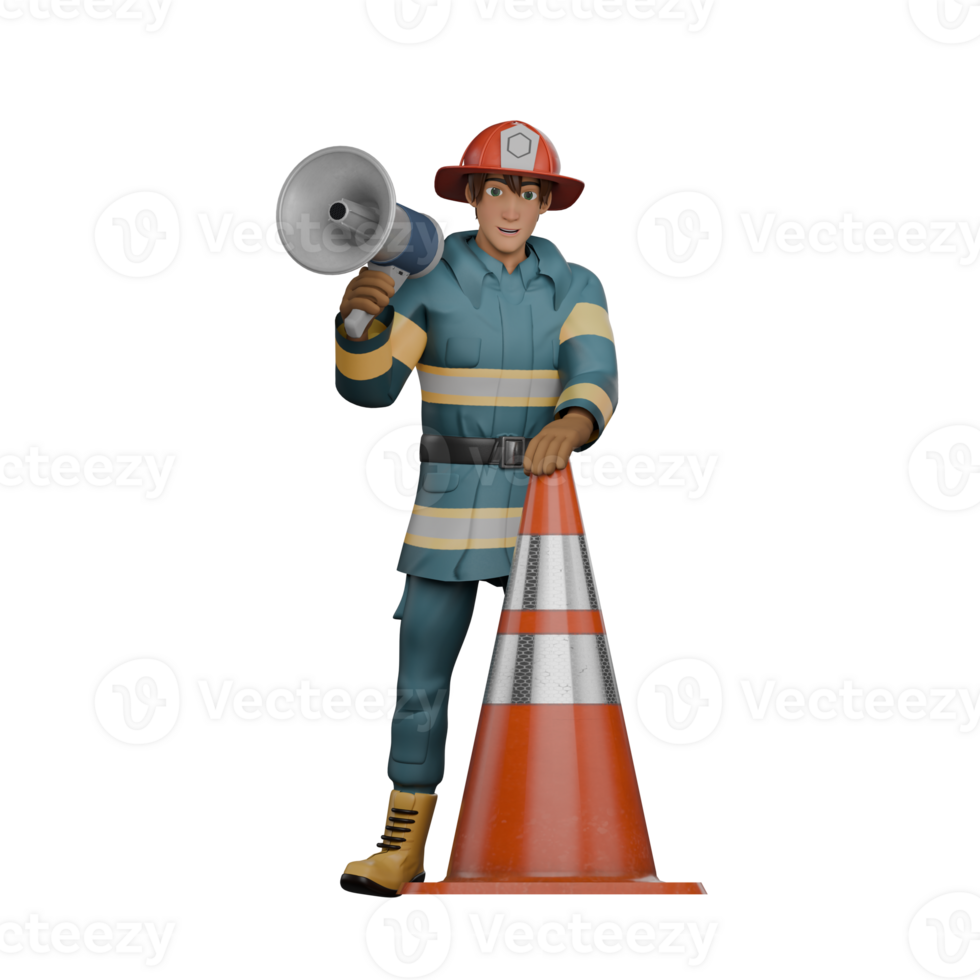 Male Firefighting 3D Animation. A firefighter stands holding a bullhorn in his hand while his other hand holds a traffic cone. Firefighter png