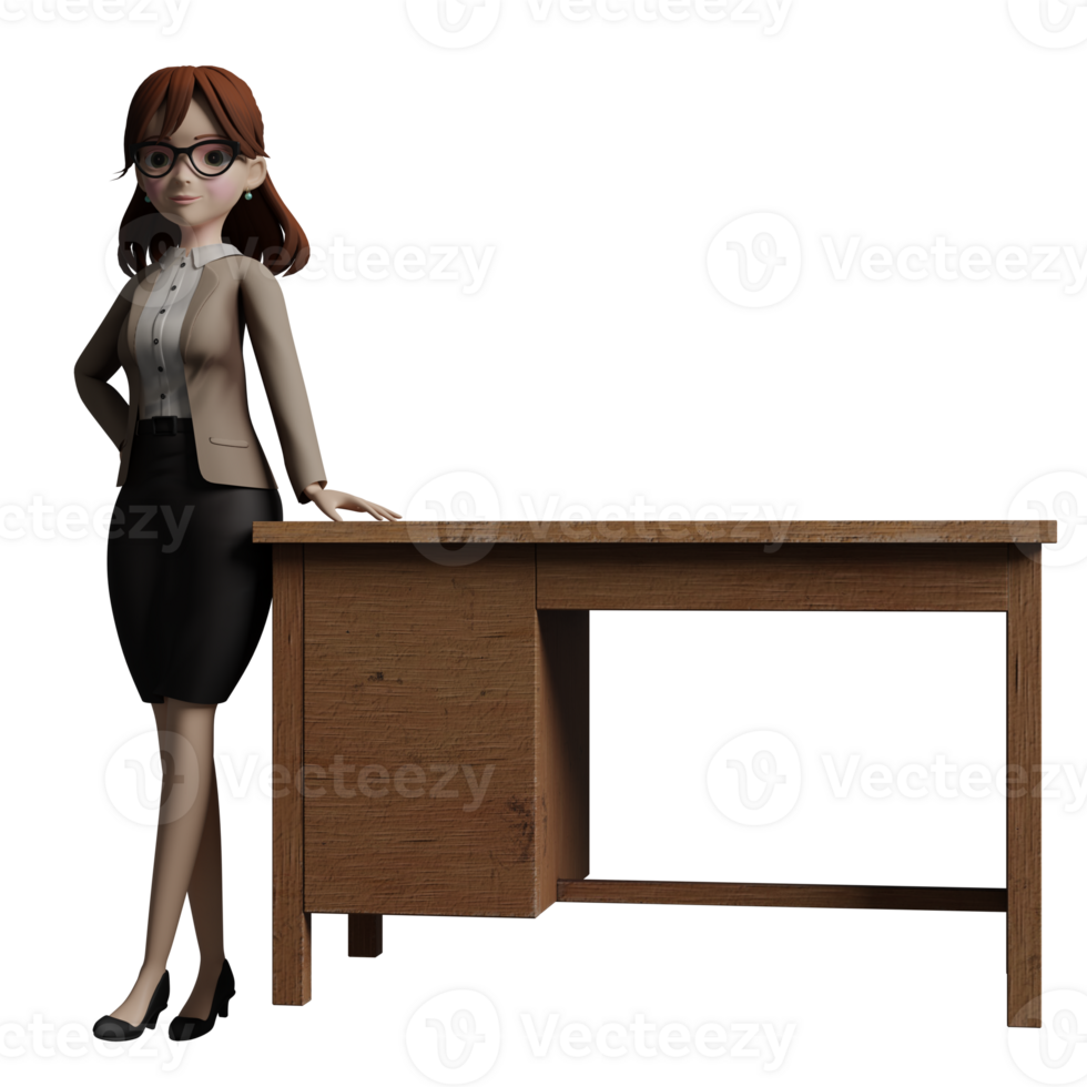 female Educational Artist 3D Model. A female teacher stands beside the teacher's desk and her right hand is on her waist while her left hand is on the table. Teacher Cartoon png