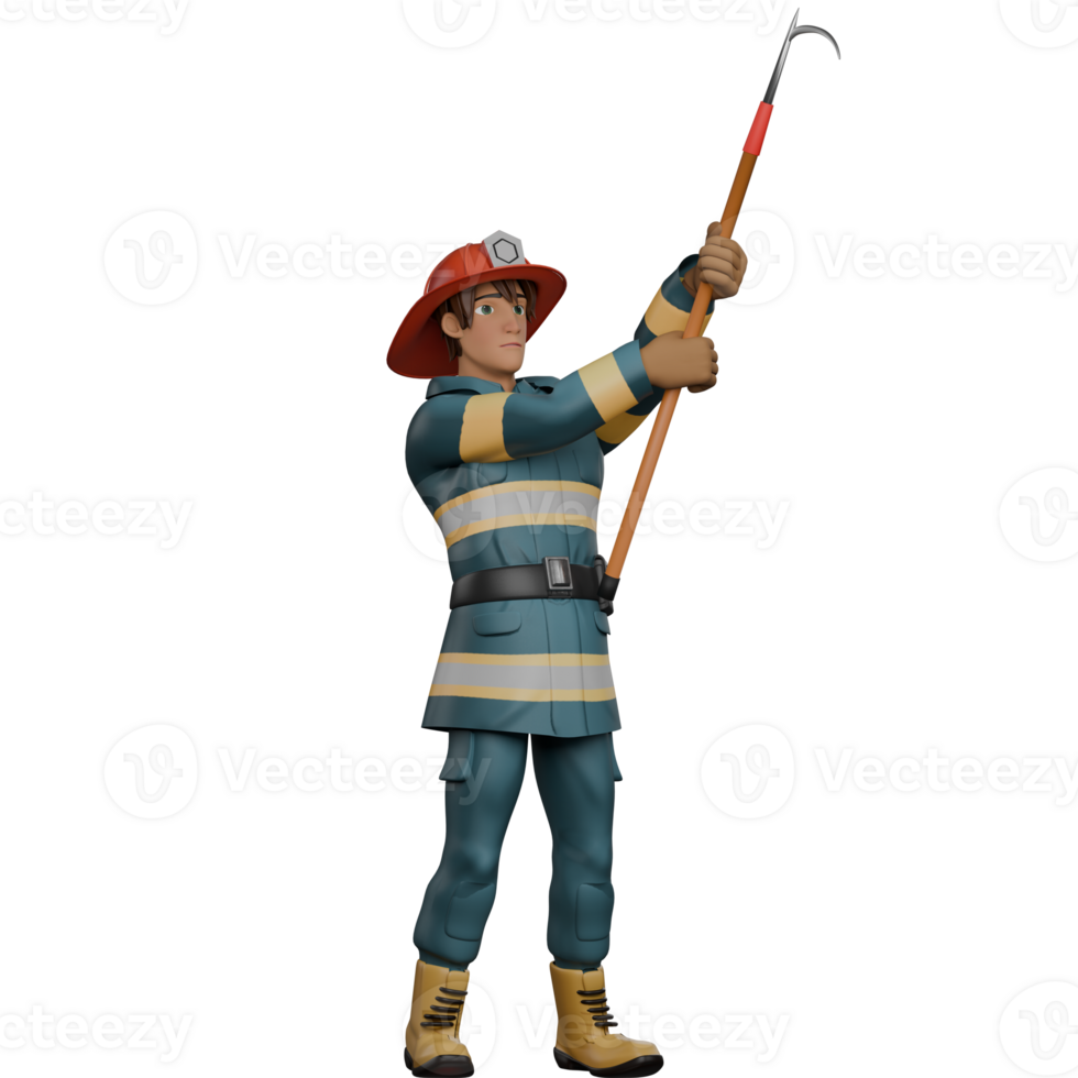 3D Urban Male. A firefighter stands with both hands holding a fire hook. Firefighter png