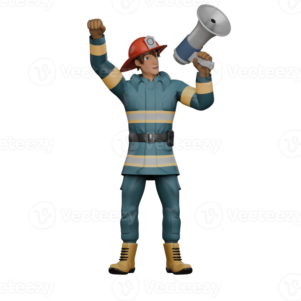 Male Fire Station Officer 3D. A firefighter stands holding a loudspeaker in his hand while the other hand is raised upwards with the palm clenched. Professional png