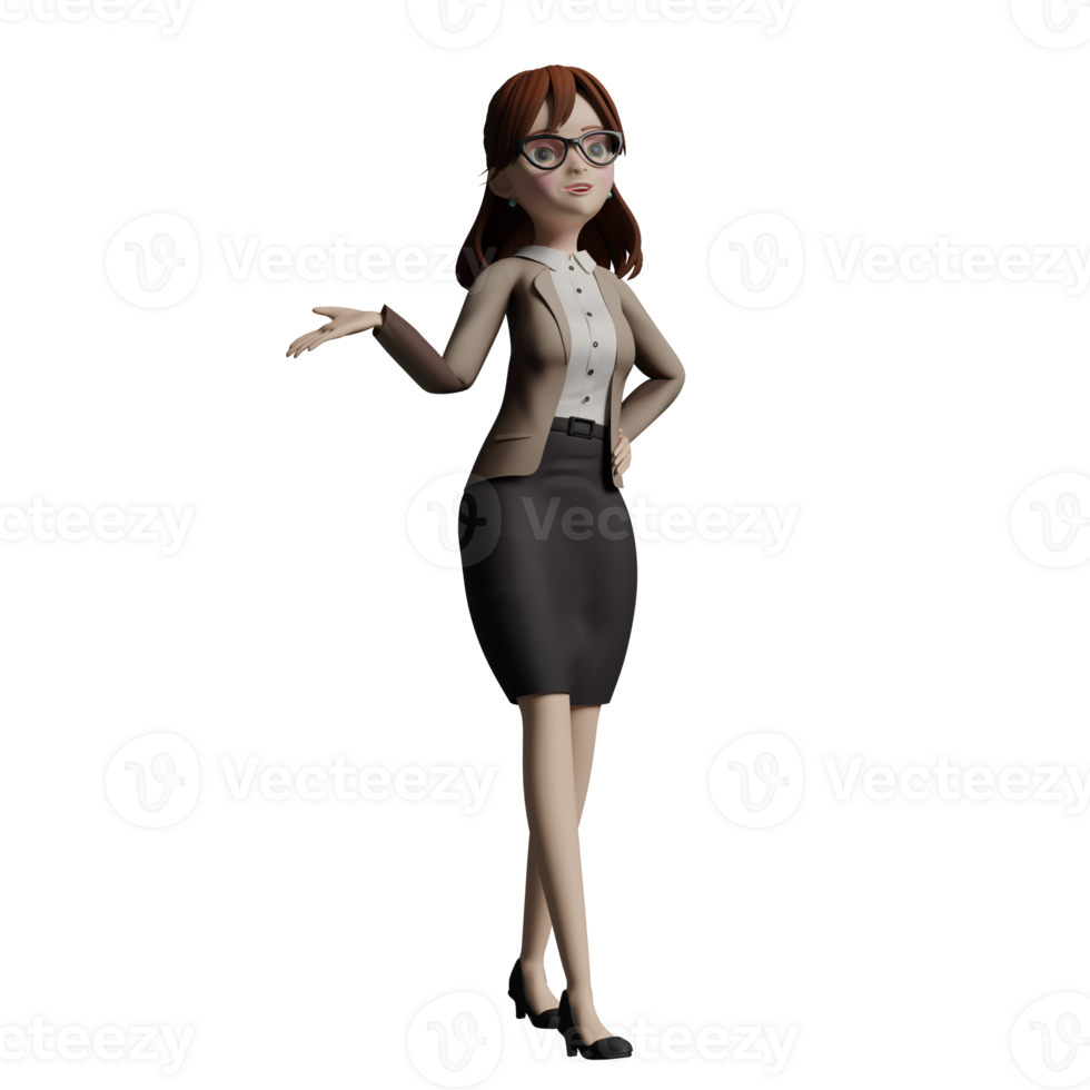 Professional female Teacher in 3D. A female teacher walks with her left hand on her waist while her right hand is stretched out to the right with her palm open facing up, as if explaining something. png