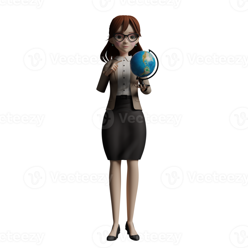 Educational 3D Cartoon. A female teacher stands with her left hand holding a globe while her right hand points at the globe.female Teacher png