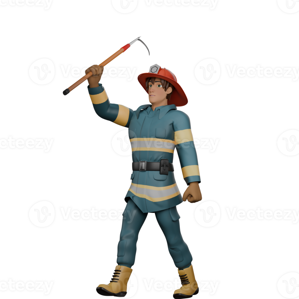 Professional Firefighter in 3D. A firefighter walks with wide strides while holding a fire extinguisher's hook in a pose holding the tool high. Male png