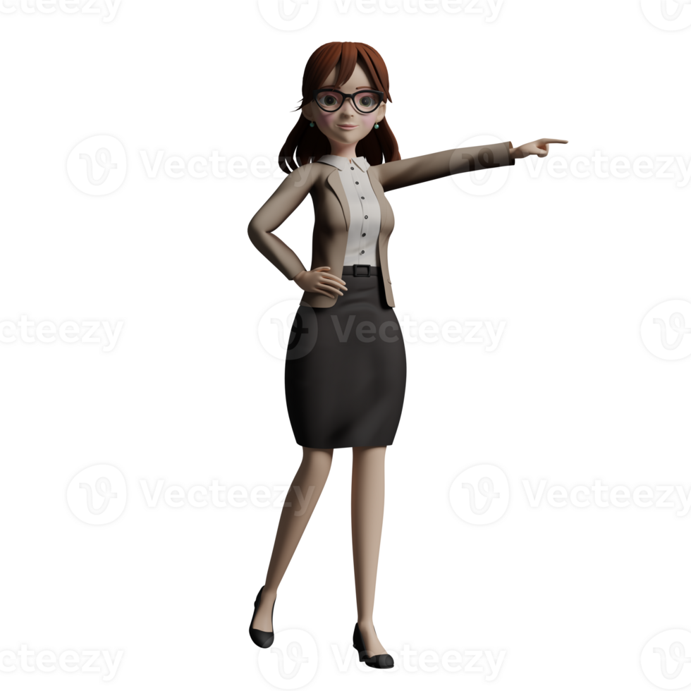 Education Professional. A female teacher walks with her right hand on her waist while the other hand points to the left side. 3D female teacher png