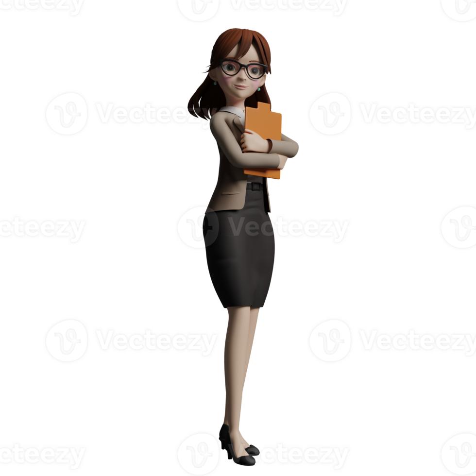 Animated Professional Teacher. A female teacher stands with both hands carrying a clipboard in front of her chest. 3D female png
