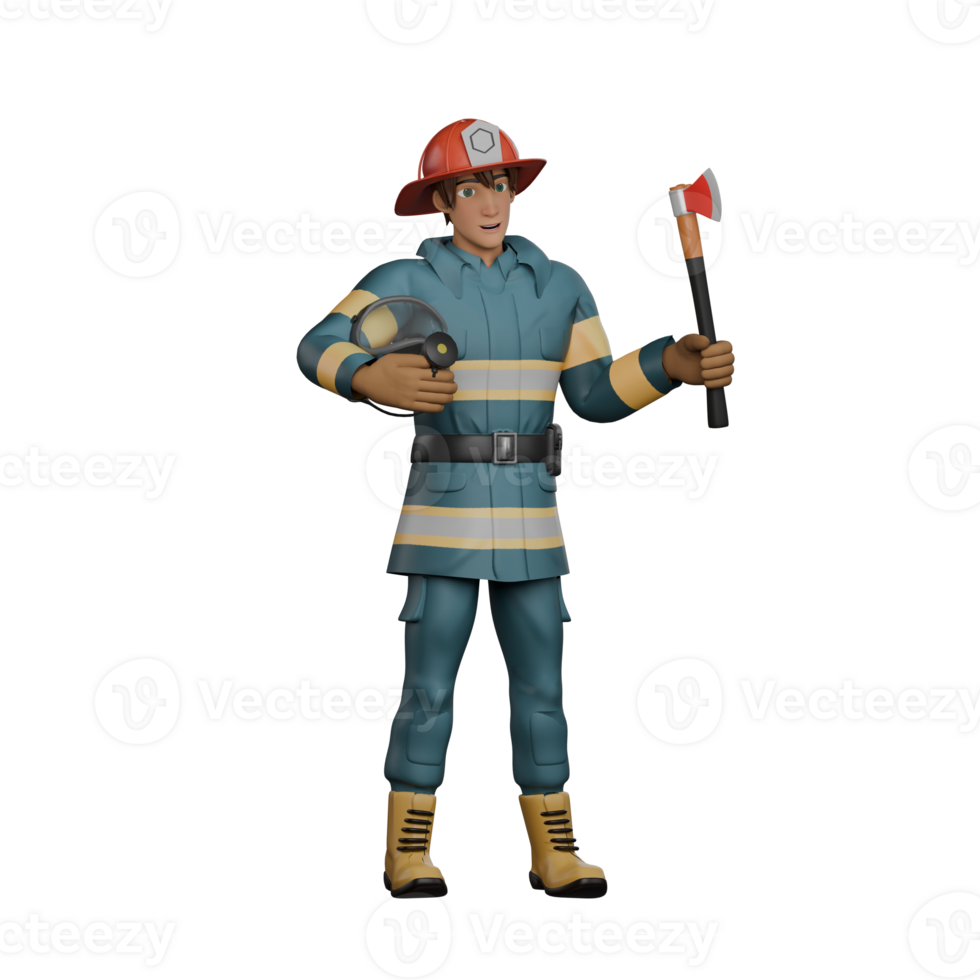 Firefighting Professional Male. A standing firefighter holds an ax in one hand and a firefighter's helmet in the other. 3D Firefighter Cartoon png