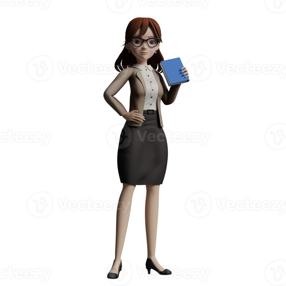 female School Teacher 3D. A female teacher stands with a blue book in her hand while her other hand is on her waist. Professional png