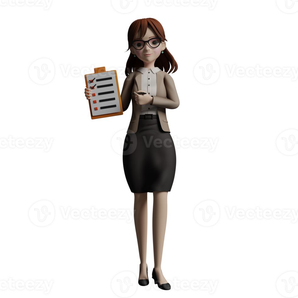 3D Educational Practitioner. A female teacher stands while carrying a clipboard with a checklist paper while her other hand is in front of her stomach. female Teacher png