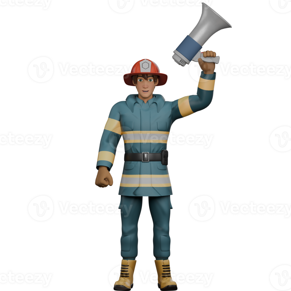 3D Male Firefighter Character. A firefighter stands with his left hand holding a loudspeaker. Emergency Response png
