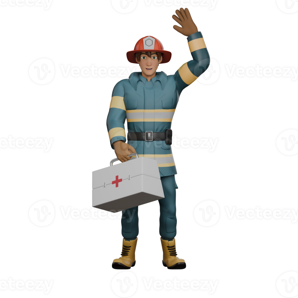 Animated Professional Firefighter. A firefighter stands while carrying a first aid box in his right hand while his left hand is raised upwards with an open palm facing forward, as if greeting. 3D Male png