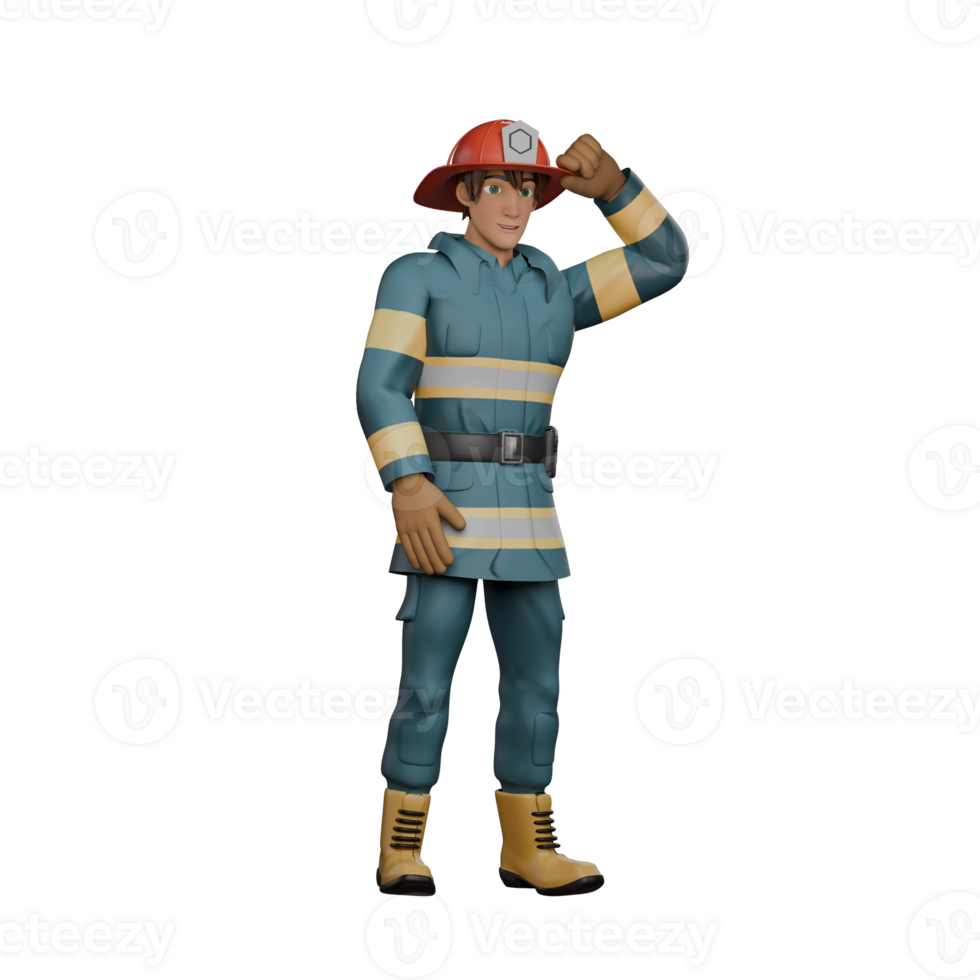 Professional Male Firefighter. A firefighter stands with his left hand holding a firefighter's helmet. 3D Firefighting png