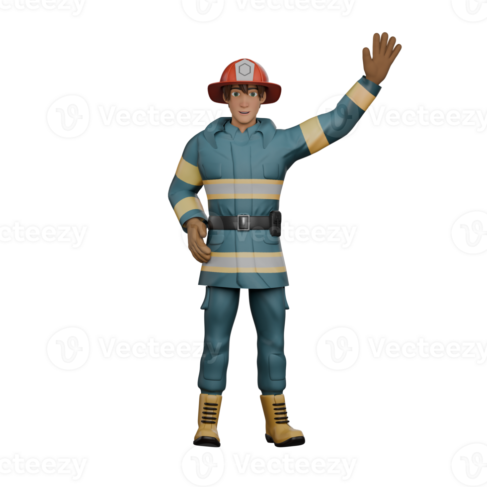 Professional Male Firefighter in 3D Animation. A firefighter is exchanging hands with a friendly smile while his other hand is on his waist. Firefighting png