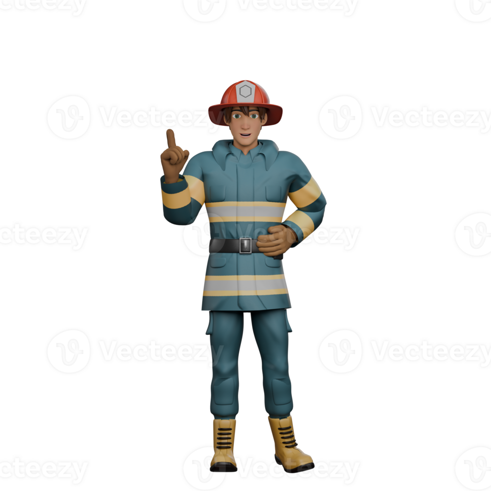 3D Male Firefighter in Professional Role. A firefighter stands with his right hand pointing upwards with the index finger while his left hand is at his waist. Firefighting Cartoon png