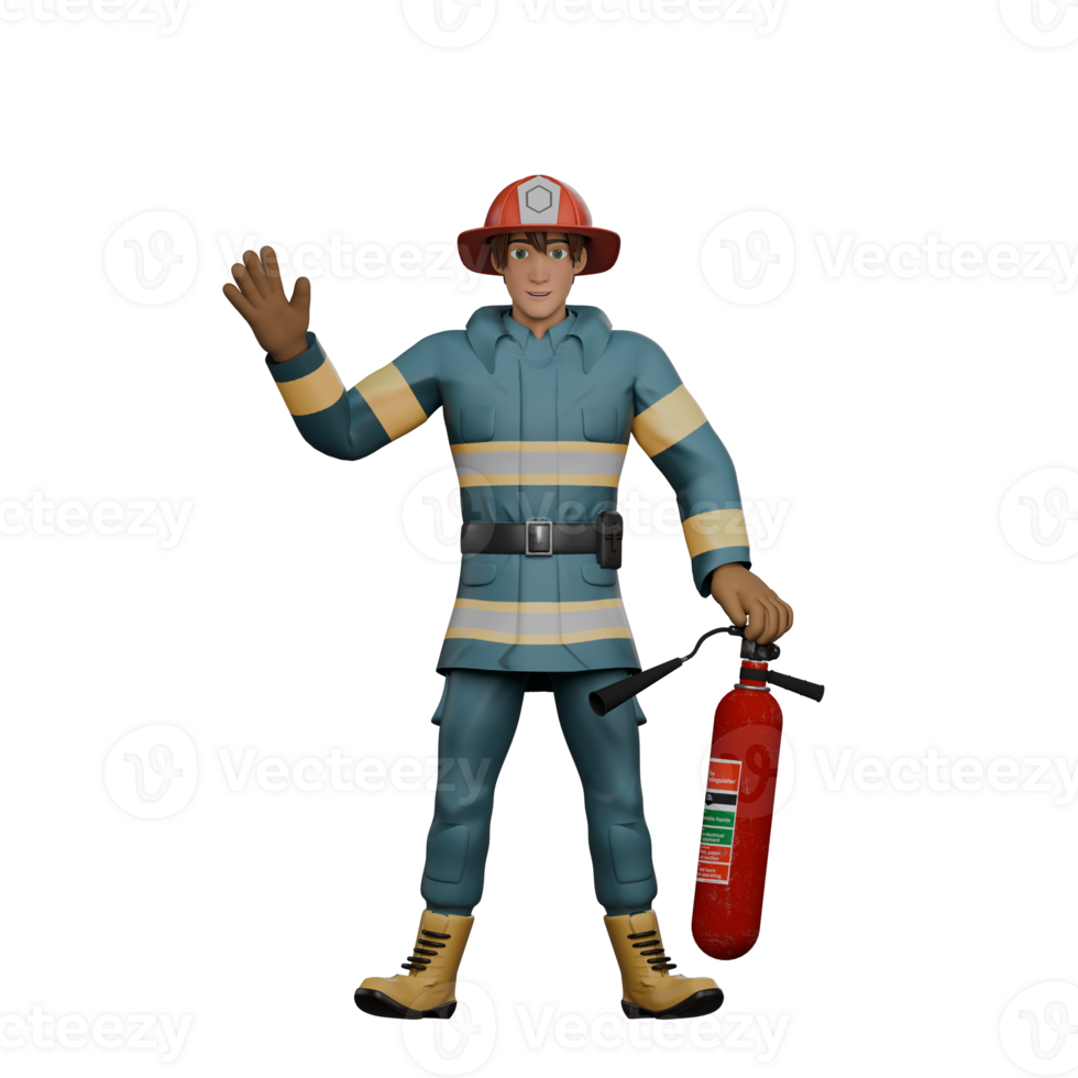 Male Firefighter. A firefighter stands waving his hand and holding a fire extinguisher in his right hand. 3D Professional Character png