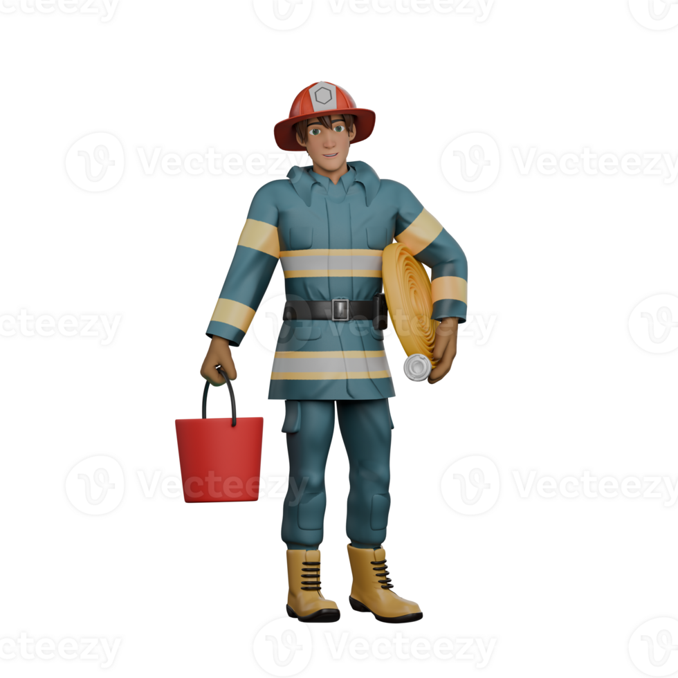 Professional Firefighting Male. A firefighter stands with a red bucket in his hand while his other hand carries a hose. 3D Firefighter png