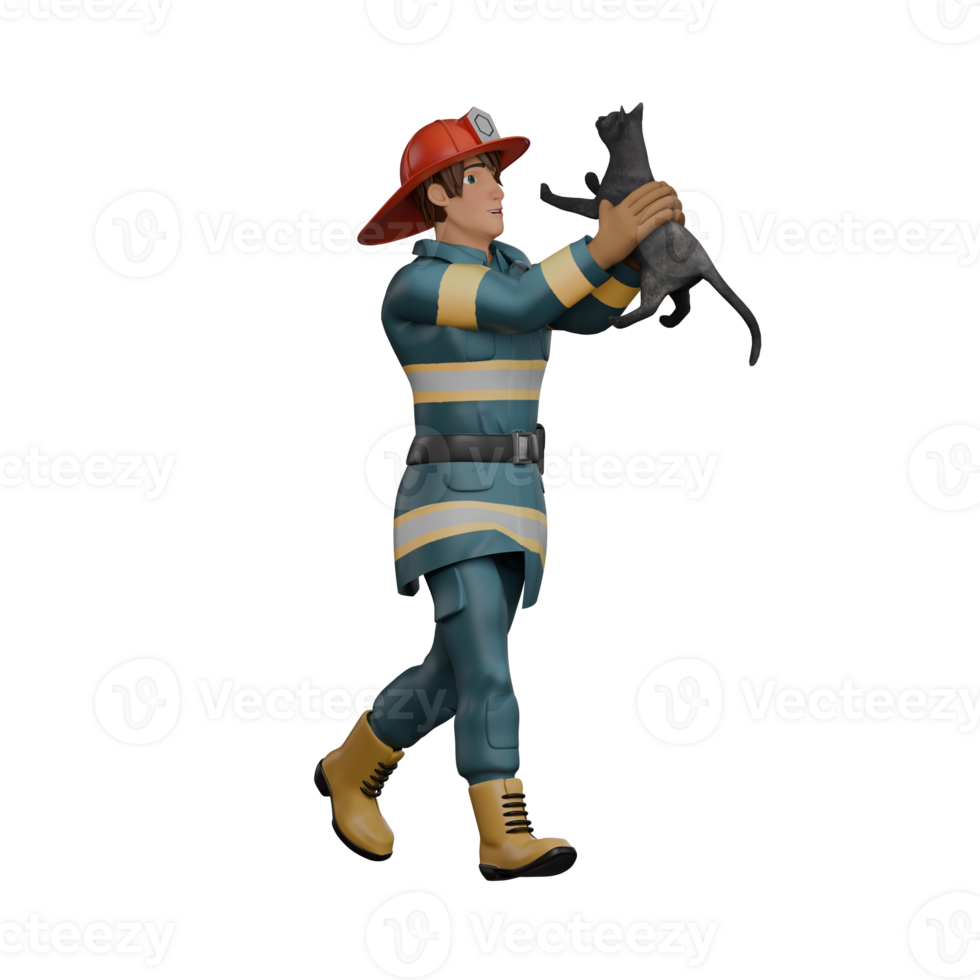 Firefighting Firefighter Professional in 3D. A firefighter walks holding a cat. Male png