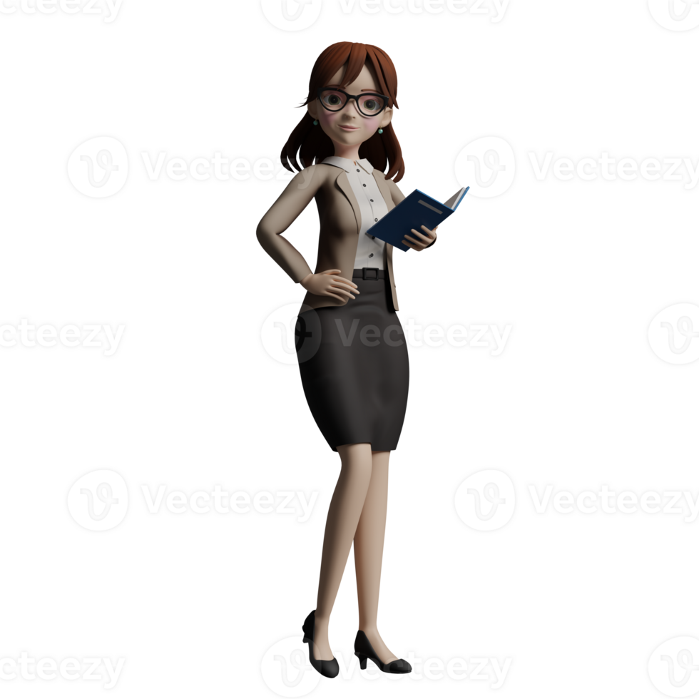 female Teacher in Educational 3D. A female teacher stands with her right hand carrying a book as if she is reading while her left hand is on her waist. Professional png