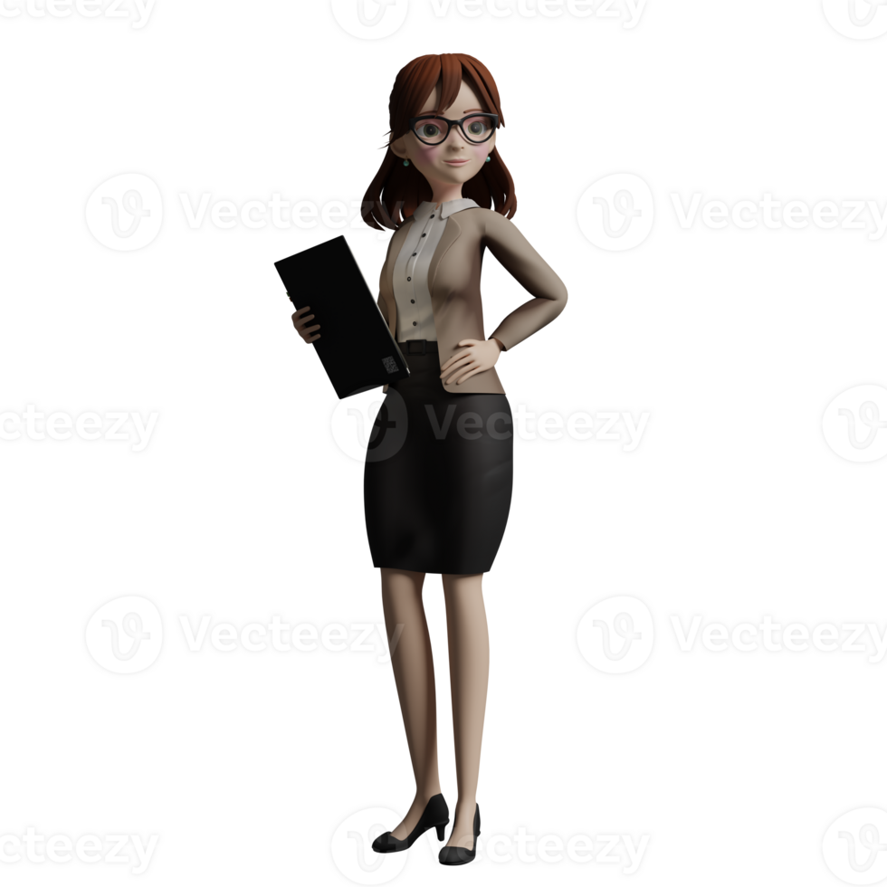 female Teacher Professional Character. A female teacher with her left hand on her waist and her right hand holding a book. 3D png