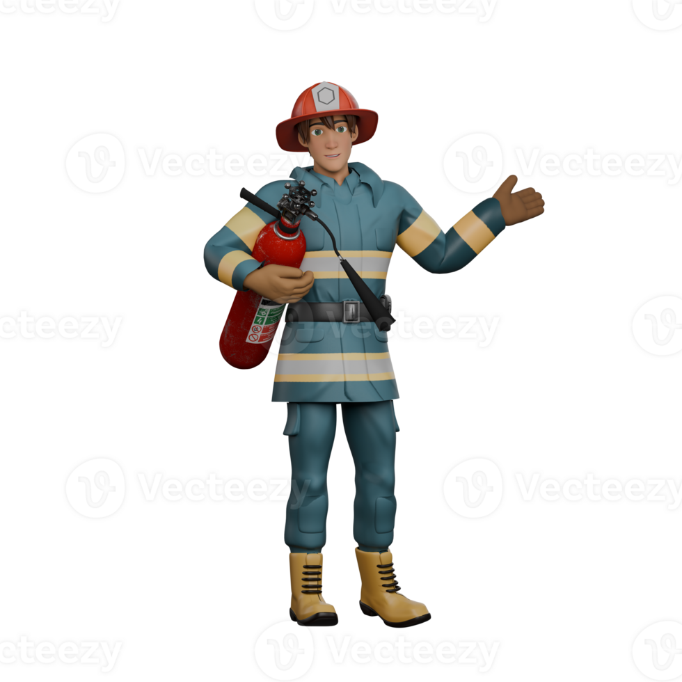 Male Firefighter in 3D. A standing firefighter appears to be giving explanations or instructions while holding a portable fire extinguisher in his other hand. Professional Firefighting png