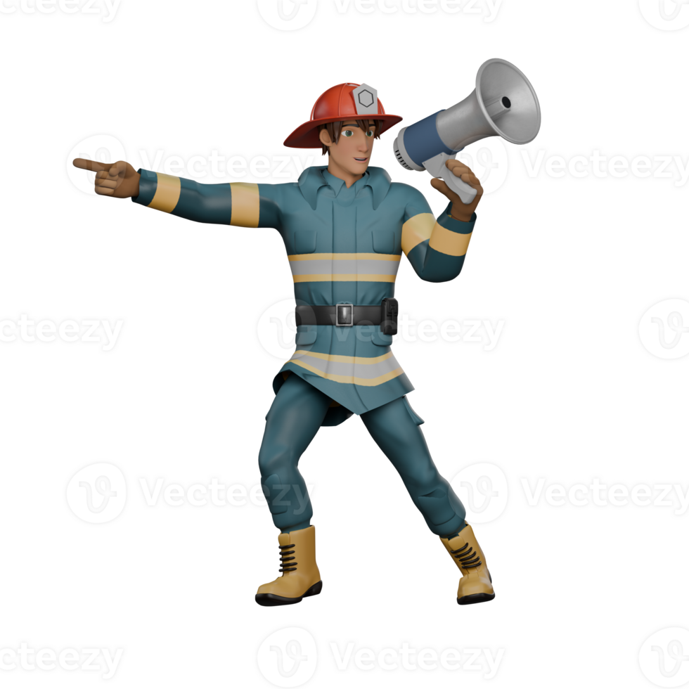 Male Firefighting Professional in 3D. A firefighter stands holding a loudspeaker in his hand while his other hand points to the right. Firefighter Cartoon png