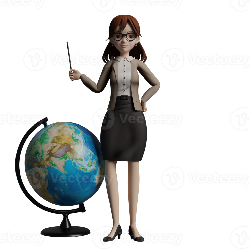 female Teacher 3D. A female teacher stands next to a large globe with her left hand holding a pointer while her right hand is on her waist. Professional png