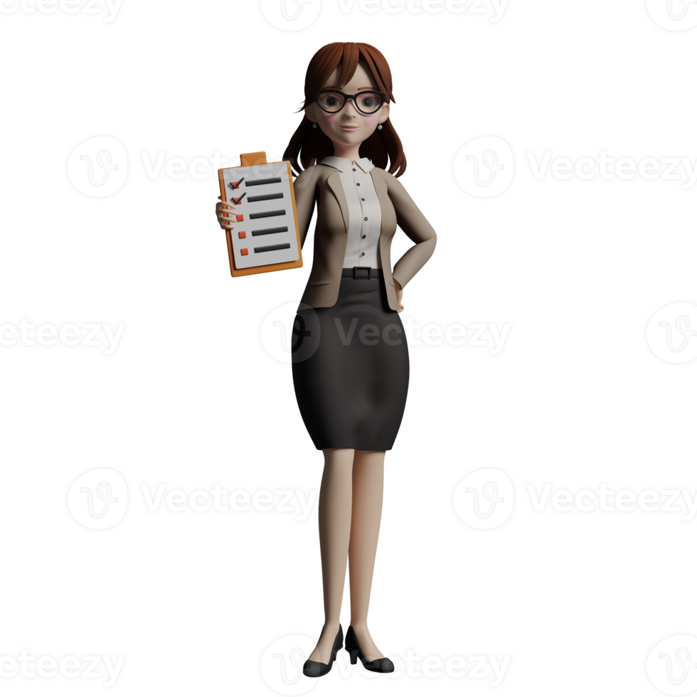 3D femaleTeacher. A female teacher stands with her right hand holding a clipboard with a checklist paper while her left hand is on her waist. Professional Educational Character png