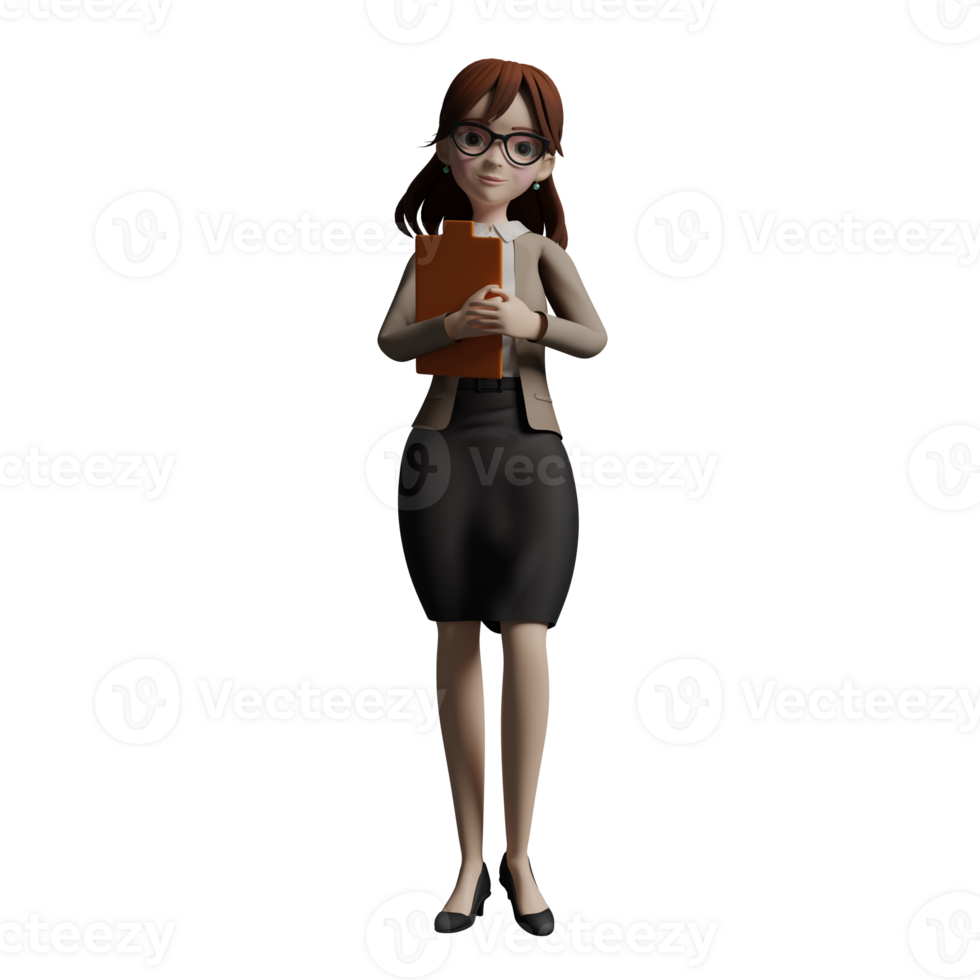 Professional 3D Teacher. A female teacher stands with both hands carrying a clipboard in front of her chest on the side. Male Educational Expert png