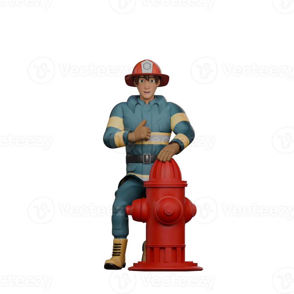 3D Model of Professional Male Firefighter. A firefighter kneels next to a red fire hydrant while gesturing with a thumbs up. Firefighting Character png