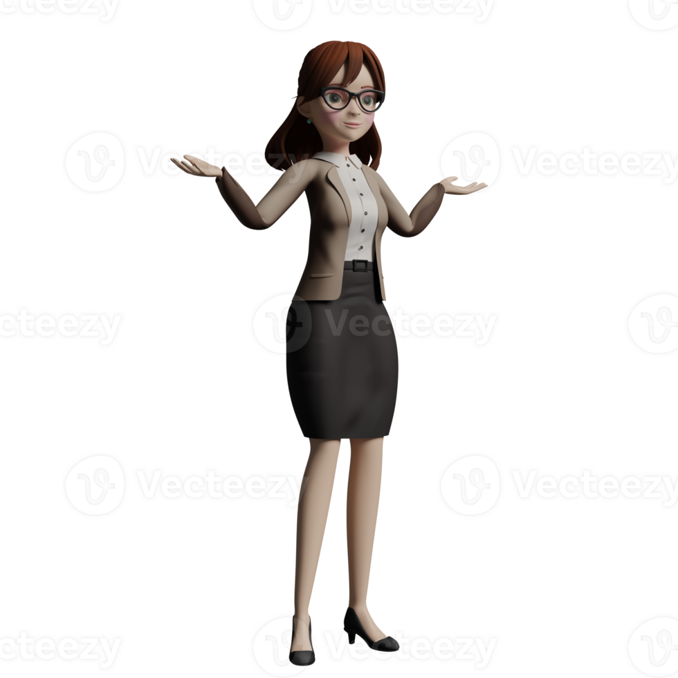 female Teacher Educational Professional. A female teacher stands with both arms open as if she is giving an explanation. 3D Cartoon png