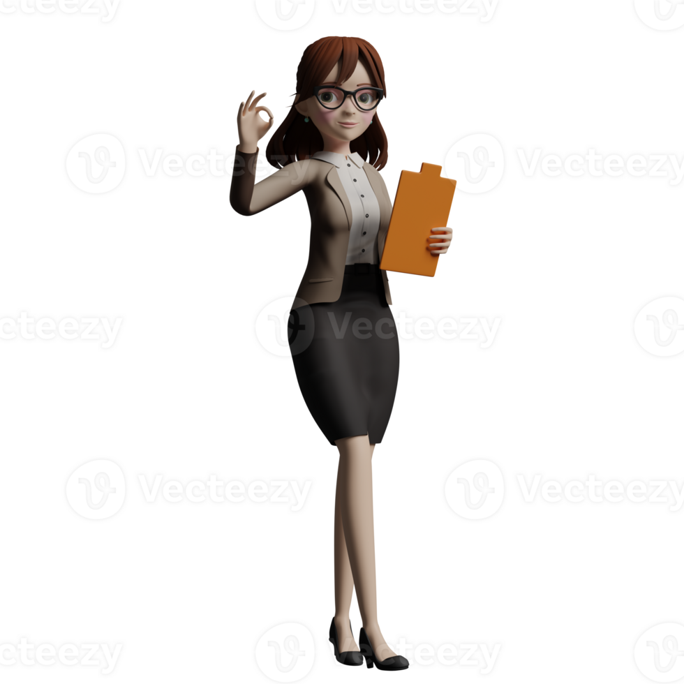 femaleTeacher Professionalism in 3D. A female teacher stands with a clipboard in her hand while her other hand is raised upwards forming an okay symbol with her index finger and thumb. png