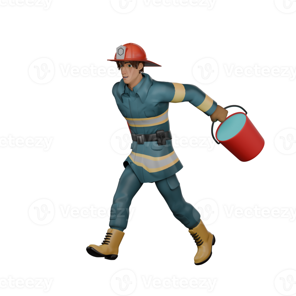 3D Professional Male in Firefighter Role. A firefighter runs with a red bucket as if he is facing an emergency. Firefighting png