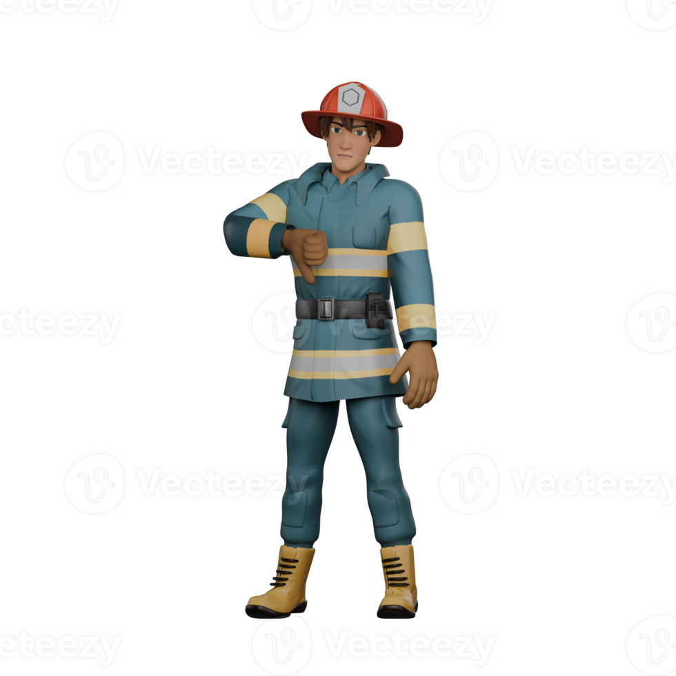 Firefighting 3D Cartoon. A firefighter stands straight with his right hand on his chest while pointing his thumb down. Male Firefighter png