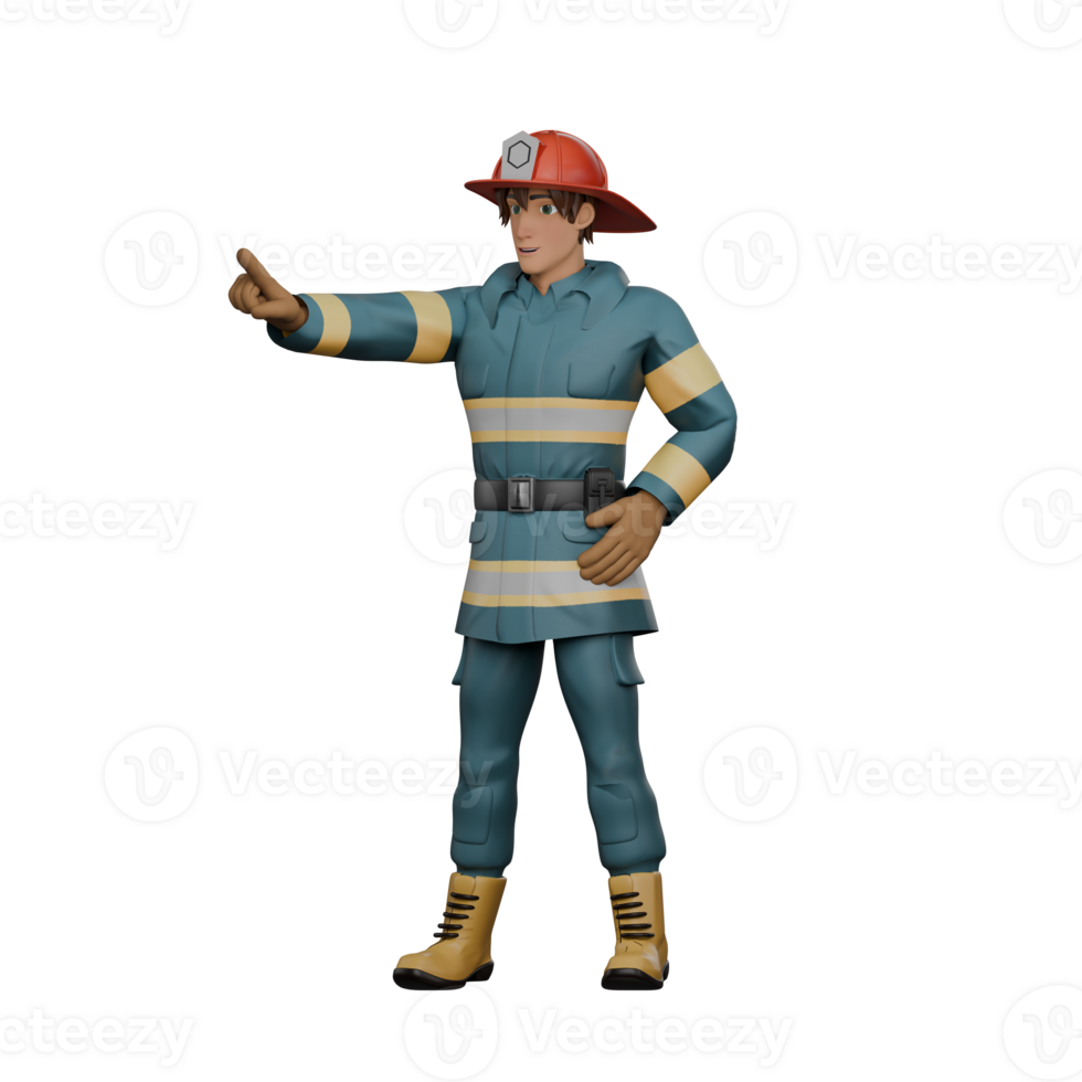 Firefighting. A firefighter stands with his right hand straight forward with his index finger raised while his left hand is on his waist. 3D Male Firefighter png