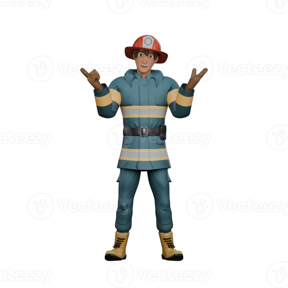Firefighter Male Professional. A standing firefighter is giving a hand up gesture, as if he is making a presentation. 3D Firefighting png