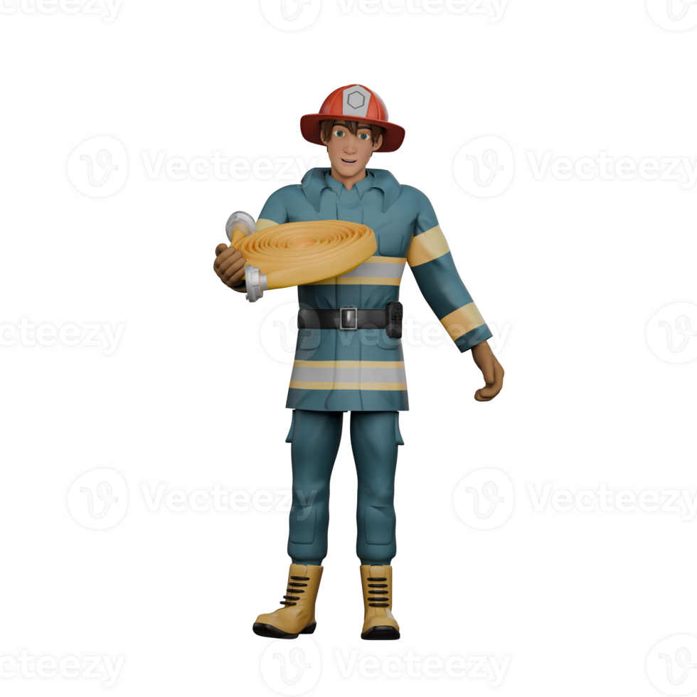 3D Male Firefighter in Fire Station. A firefighter stands while carrying a roll of water hose in his right hand. Professional Character png