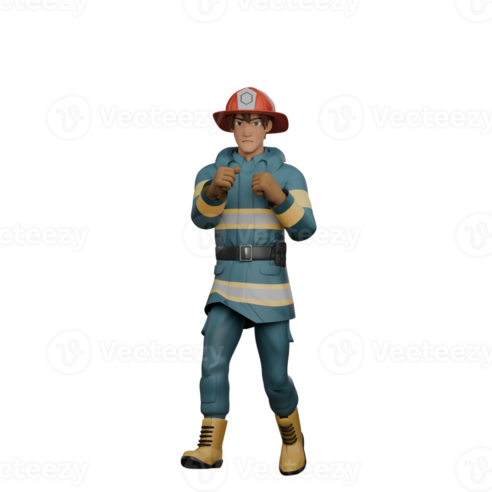 3D Firefighting Character. A firefighter is standing in a fighting position, with both hands raised as if facing a challenge or dangerous situation. Male Firefighter png