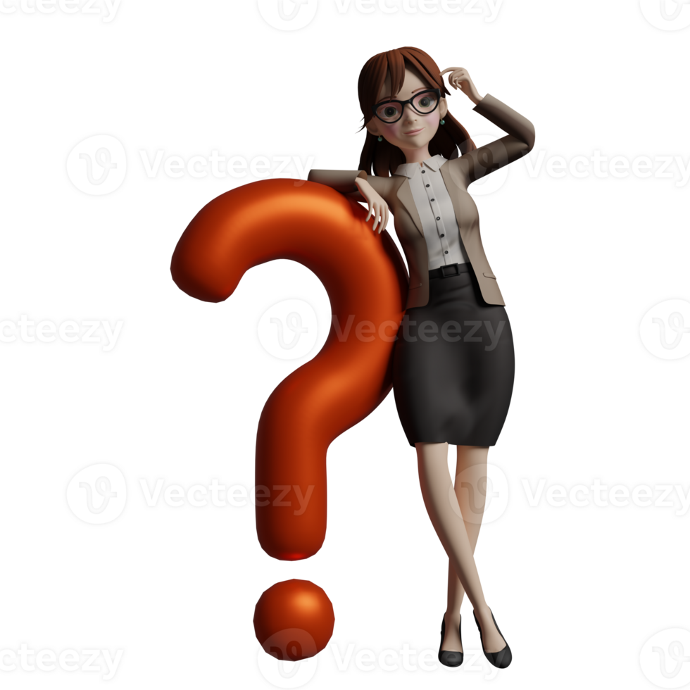 3D Educational Enforcement female Teacher. A female teacher leans on a large question mark symbol with her left hand above her head while her right hand is on the question mark. Professional png