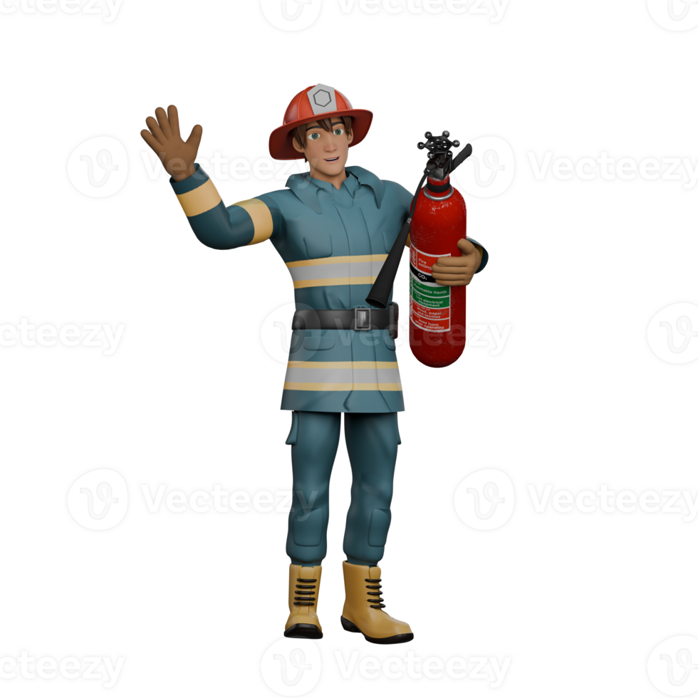 Cartoon Style Fire Rescuer. A firefighter is standing holding a fire extinguisher in his hand while the other hand is raised upwards with the palms open facing forward, as if greeting. 3D Male png