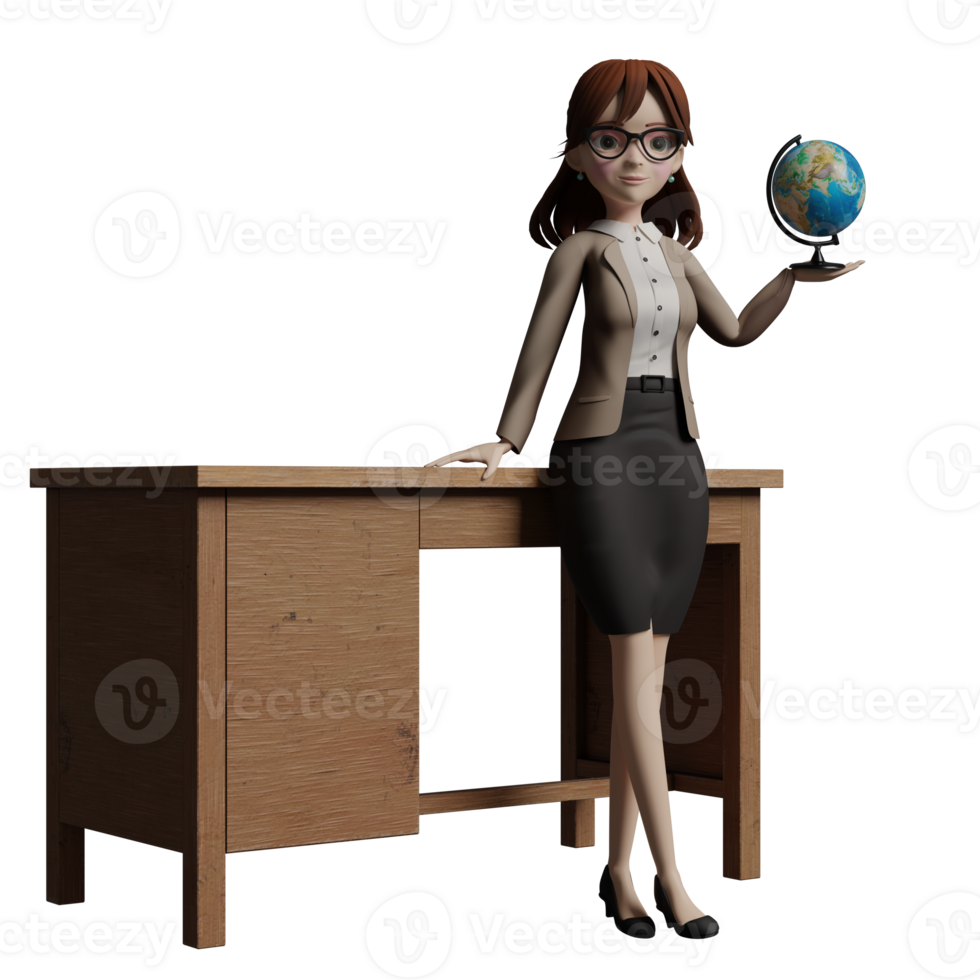 female Teacher Cartoon Character. A female teacher stands in front of a wooden table, with her left hand holding a globe while her right hand is on the table. 3D Educational png