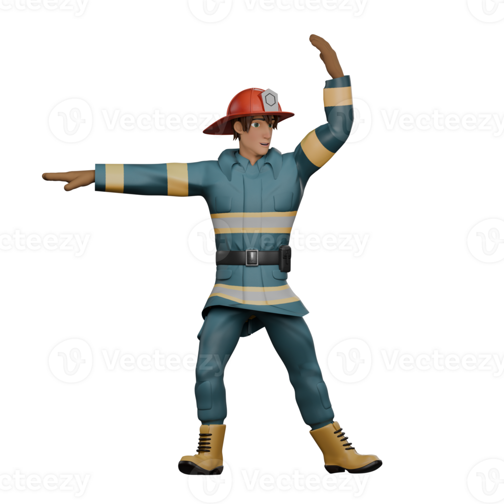 Male Firefighter in Fire Setting. A firefighter stands with one hand facing forward while the other is up, as if he is regulating a traffic jam. 3D Character png