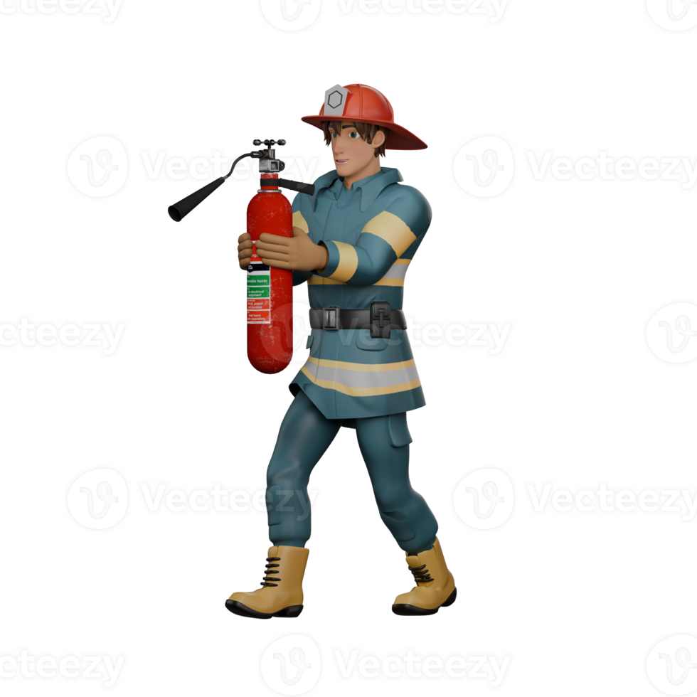 Professional Male in Firefighting. A firefighter is walking with both hands holding a fire extinguisher. 3D Firefighter Cartoon png