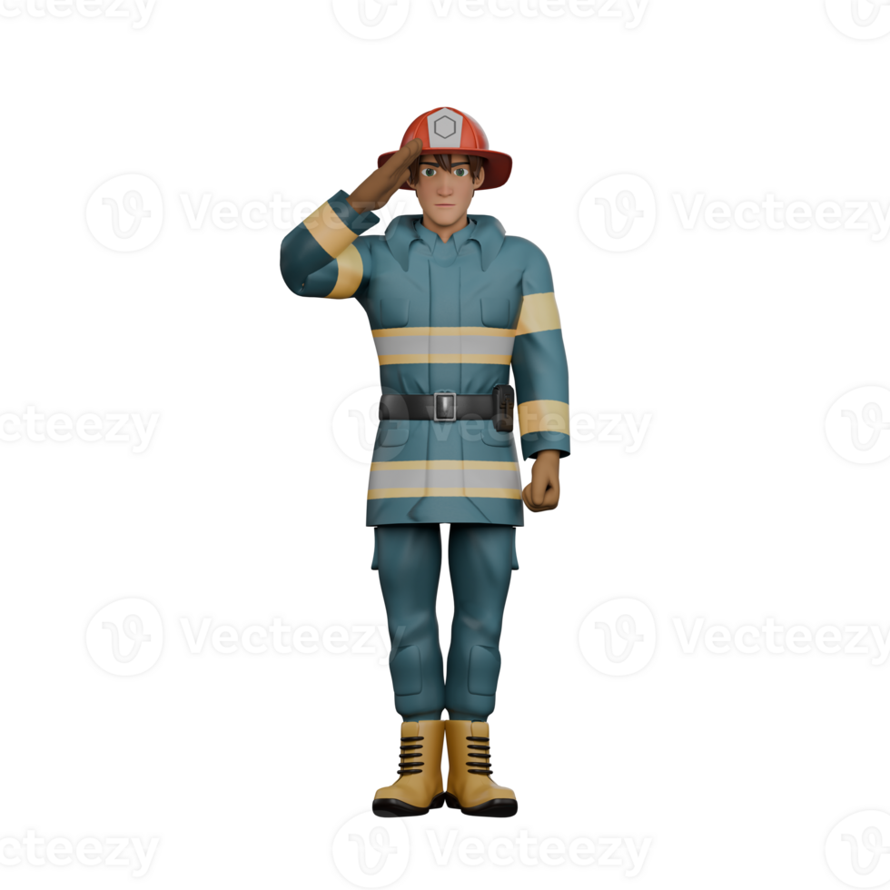 Male Firefighter Fire Professional. A firefighter stands with his right hand on his forehead as if saluting. 3D Cartoon png